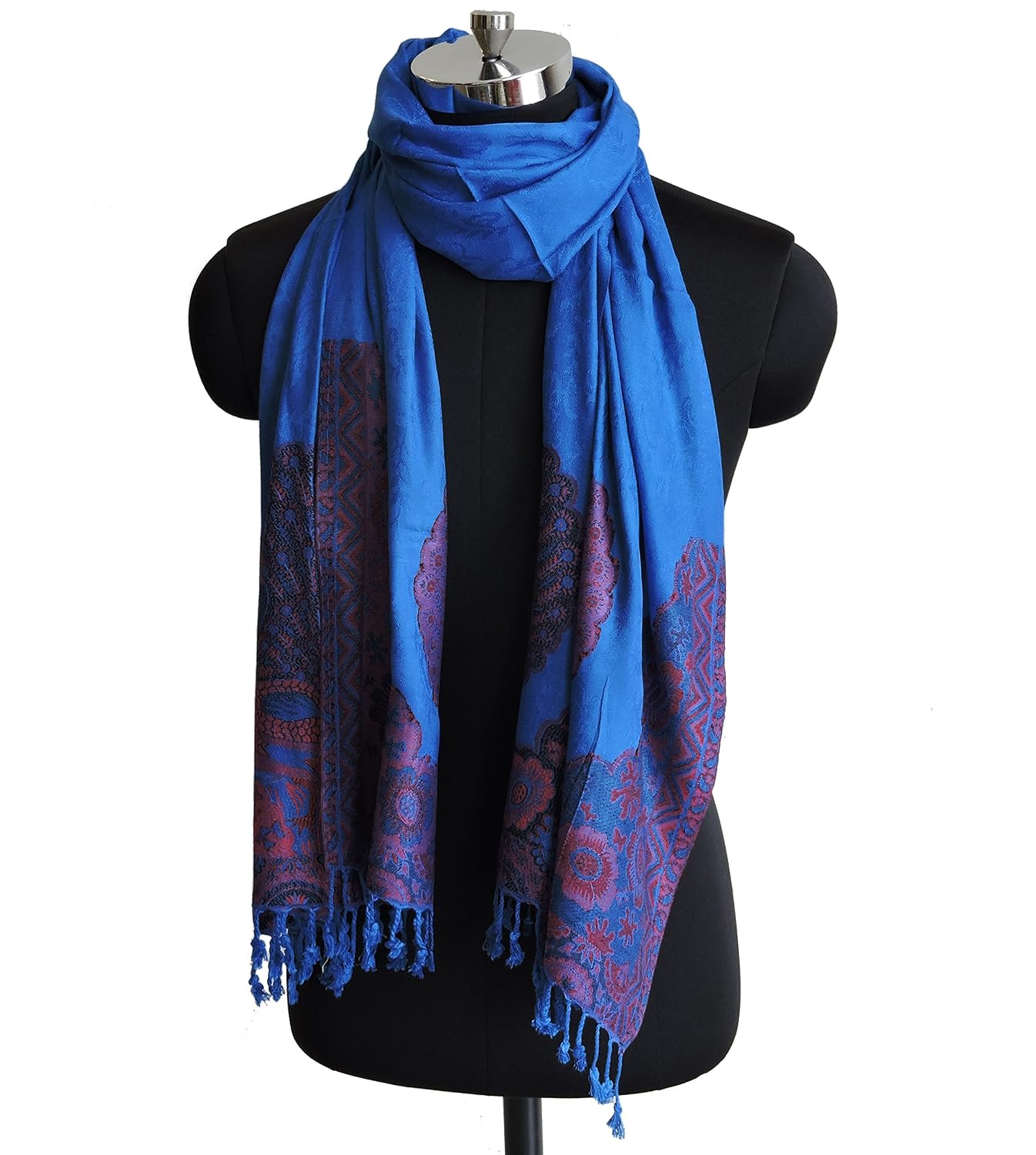 weavers villa soft touch pure viscose royal blue peacock designer stole, scarf
