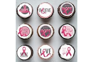 Fyeoxle 36PCS Edible Breast Cancer Awareness Cupcake Toppers Wafer Paper Round Ribbon Cupcake Toppers Fight Hope Believe Breast Cupcake Picks for Breast Cancer Party Cake Decor Supplies