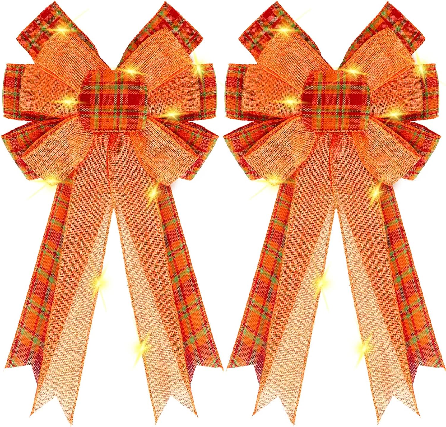 Bows & Ribbons - Whaline 2Pcs Fall Thanksgiving Burlap Wreath Bow with LED Lights Orange Buffalo Plaid Wreath Bow Tree Topper Door Wall Decor for Autumn Thanksgiving Christmas Home Indoor Ornament, 16.5 Inch