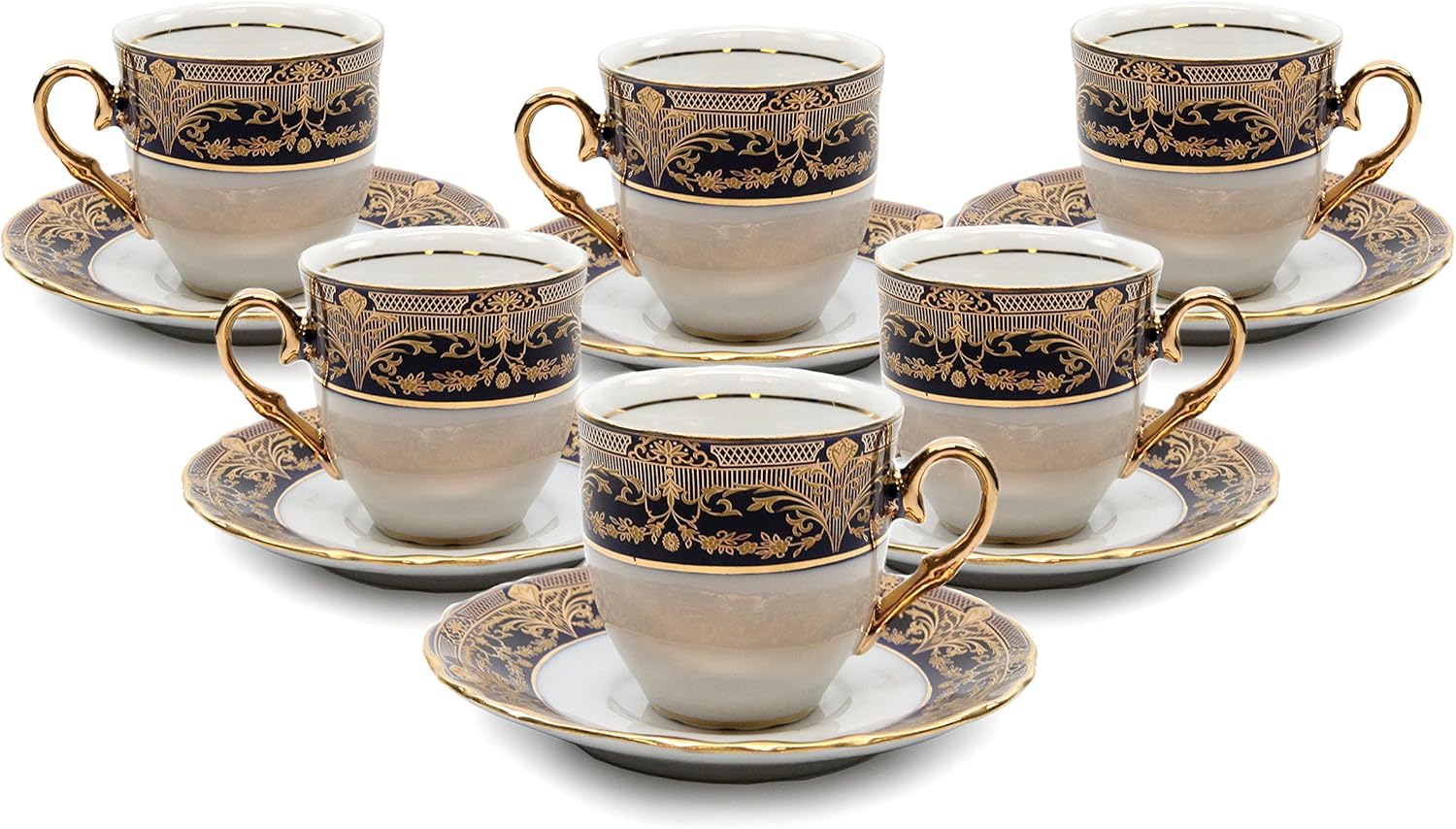 Royal Porcelain 12pc Tea Cup Set, Six 24K Gold Cups and Saucers