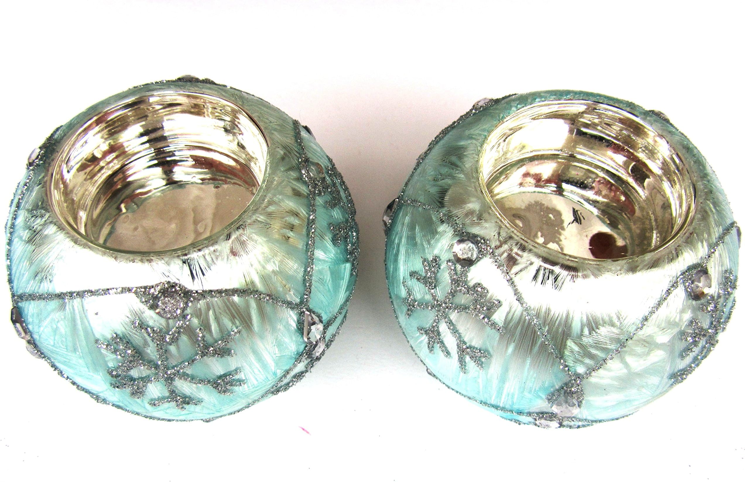 2 x Pale Damask Blue Peacock Colors Gold Glitter Gem Glass Bauble Tea Light Candle Holder