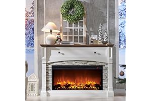 OKD 52" Farmhouse Electric Fireplace with Mantel, Tall Fireplace TV Stand w/Sime-Open Cubby, 36" Freestanding Electric Fireplace Heater,Remote Control, Adjustable 3D Realistic Flame