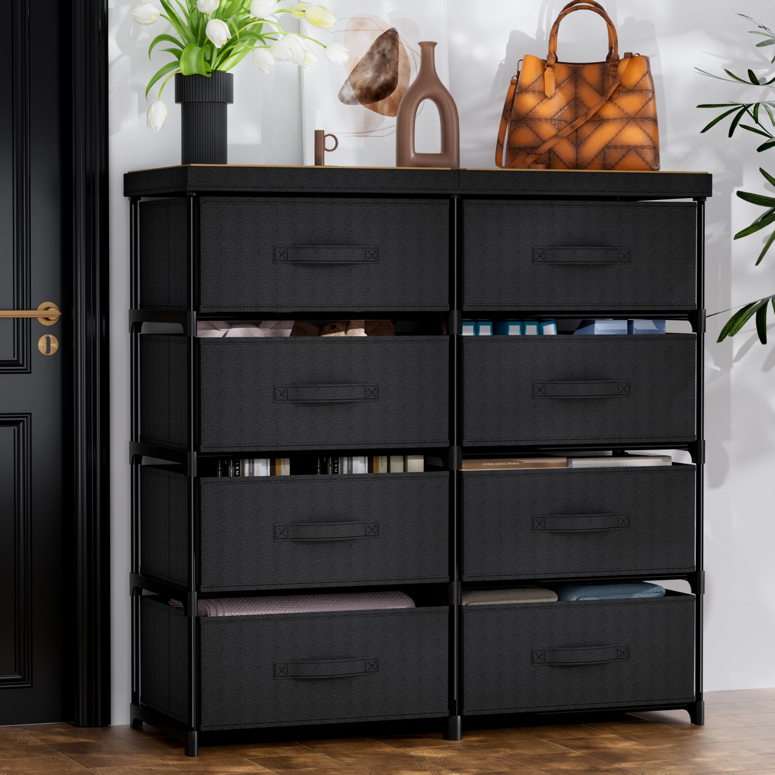 GcdPai Dresser with 8 Fabric Drawer Stand Desktop Sturdy Metal Plastic Support Tube Cube Storage Cabinet for Bedroom Organization Dorm Front Hall Entryway