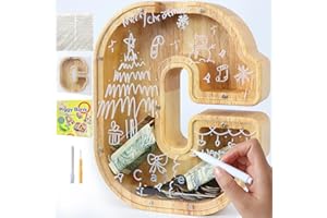 weallbuy Large Letter Piggy Bank for Kids Boys Girls Wooden Personalized Piggy Banks A-Z with Target Area Clear Alphabet Banknote Coin Banks for Gift Decoration Baptism (C)