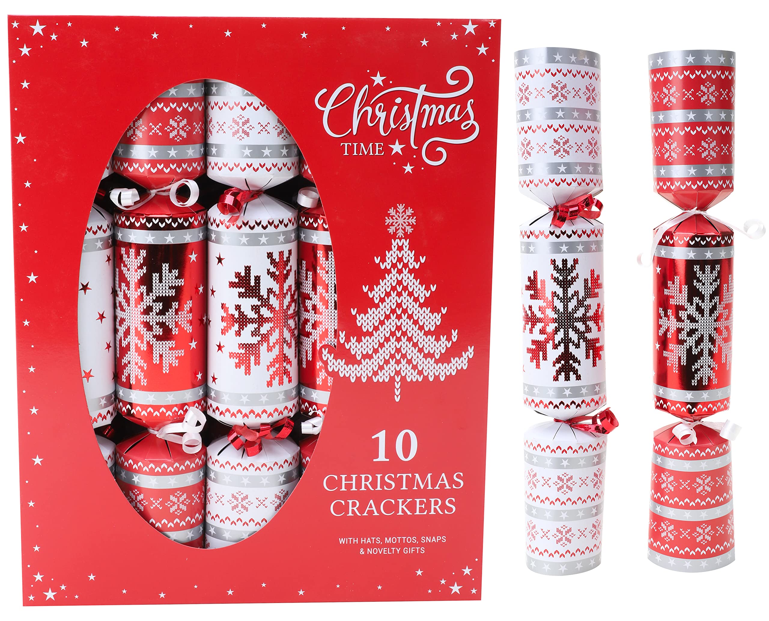Toyland® Pack of 10 Nordic Red & White Snowflack Christmas Crackers - Traditional Festive Table Decorations with Hats, Jokes & Snap