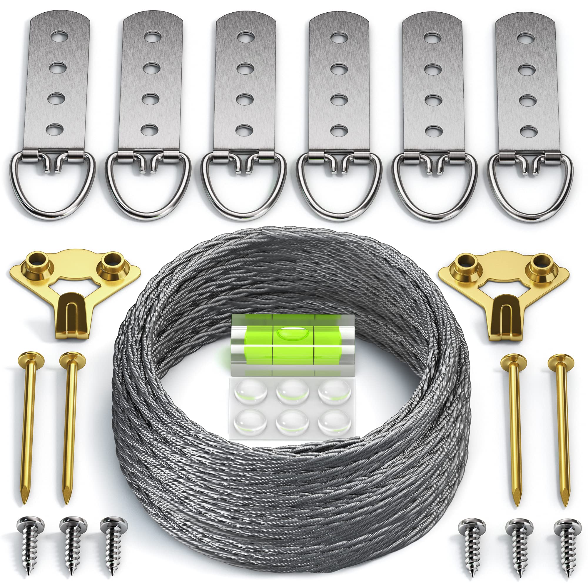 Heavy Duty Picture Wire Hanging Kit - D-Ring, Screws, Hanging Hooks,Level. Supports up to 110 lbs 50+ Feet (15.25M) Stainless Steel Wire Hanger