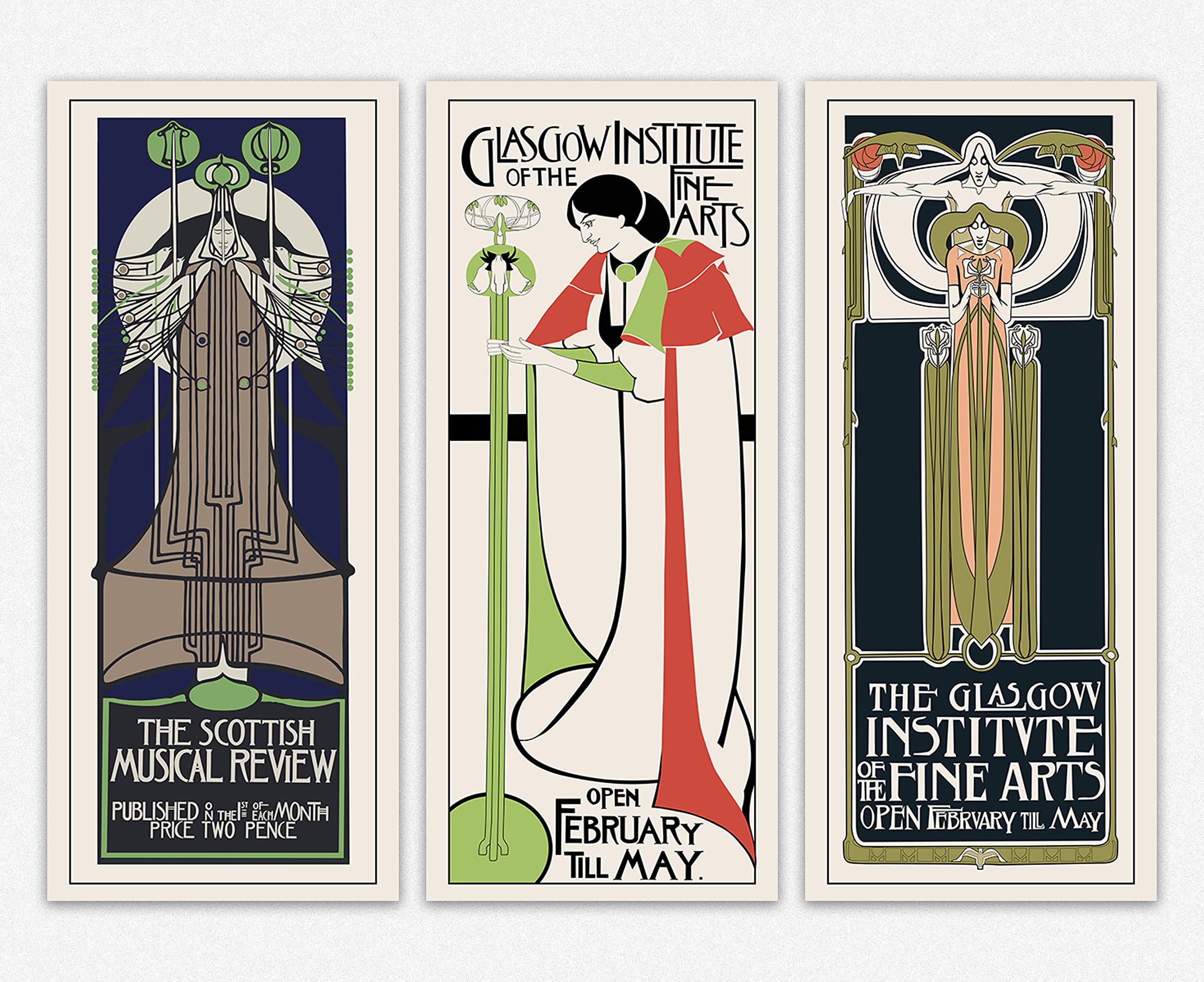 Charles Rennie Mackintosh Wall Art Poster - The Glasgow Institute Of The Fine Arts Wall Decor Set Of 3 - Contemporary Art Deco for Office and Home Decorations Art Print Room Decor (5 x 12)