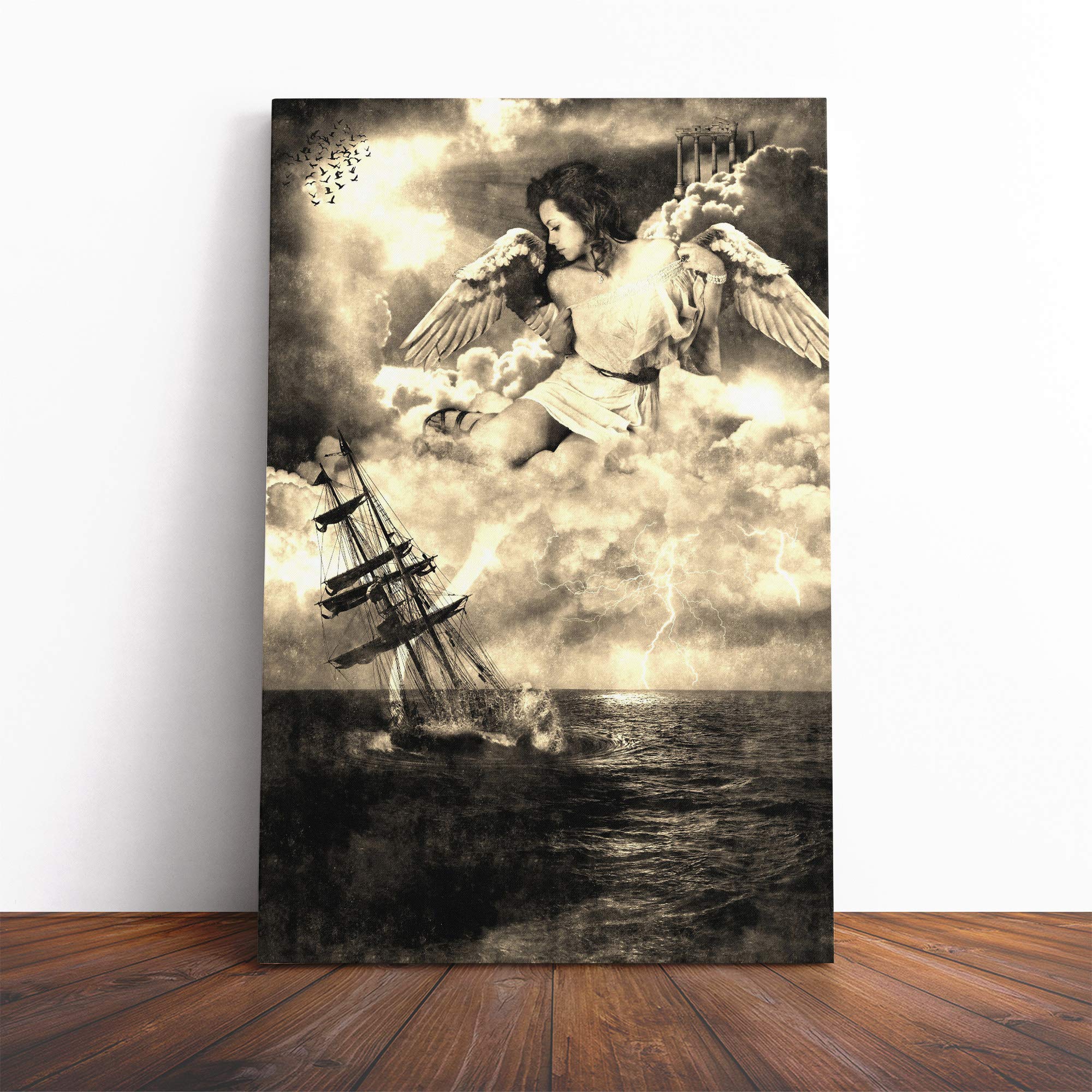 Sailing Ship and Angel Over The Ocean Canvas Print | Gallery Wrapped 30mm Frame Wall Art | 20x14 inches | Ready to Hang | Modern Seascape Picture | Living Room Bedroom Lounge Office