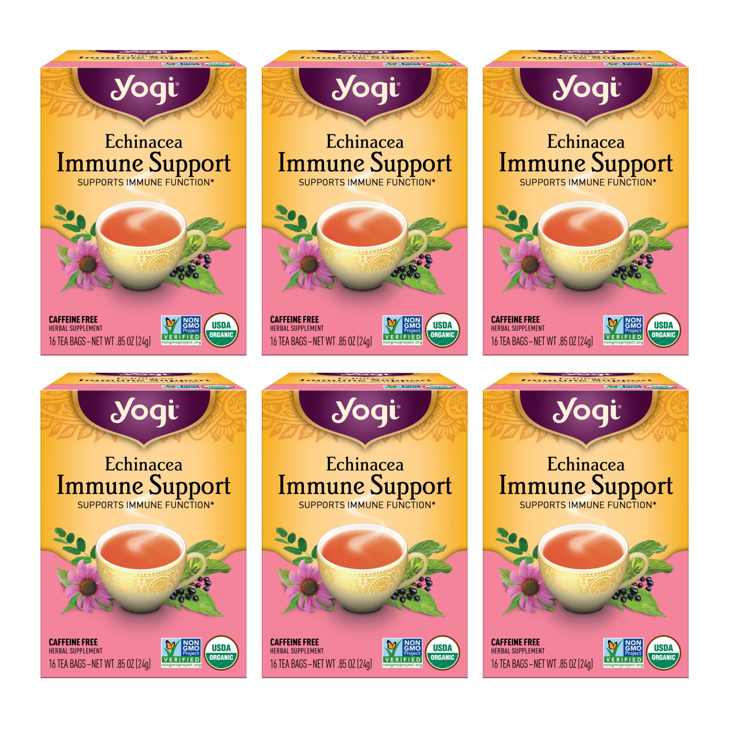 Yogi Tea Echinacea Immune Support Tea - 16 Tea Bags per Pack (6 Packs) - Organic Immunity Support Tea - Includes Peppermint Leaf, Lemongrass, Cinnamon Bark, Echinacea Purpurea, Licorice Root & More