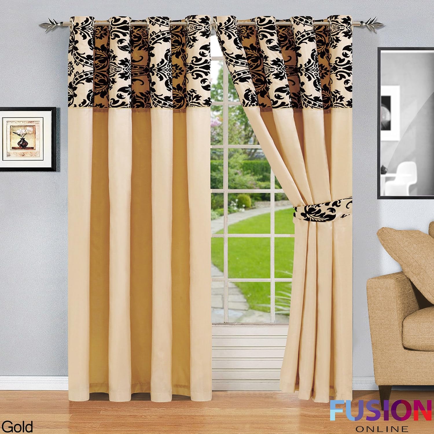 Ring TOP Fully Lined Pair Eyelet Ready Curtains Luxury Damask Curtain