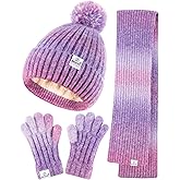 Kids Winter Beanie Gloves Scarf Set,Girls Toddler Winter Hat With Pom Neck Warmer Gaiter Mittens Fleece Lined Set