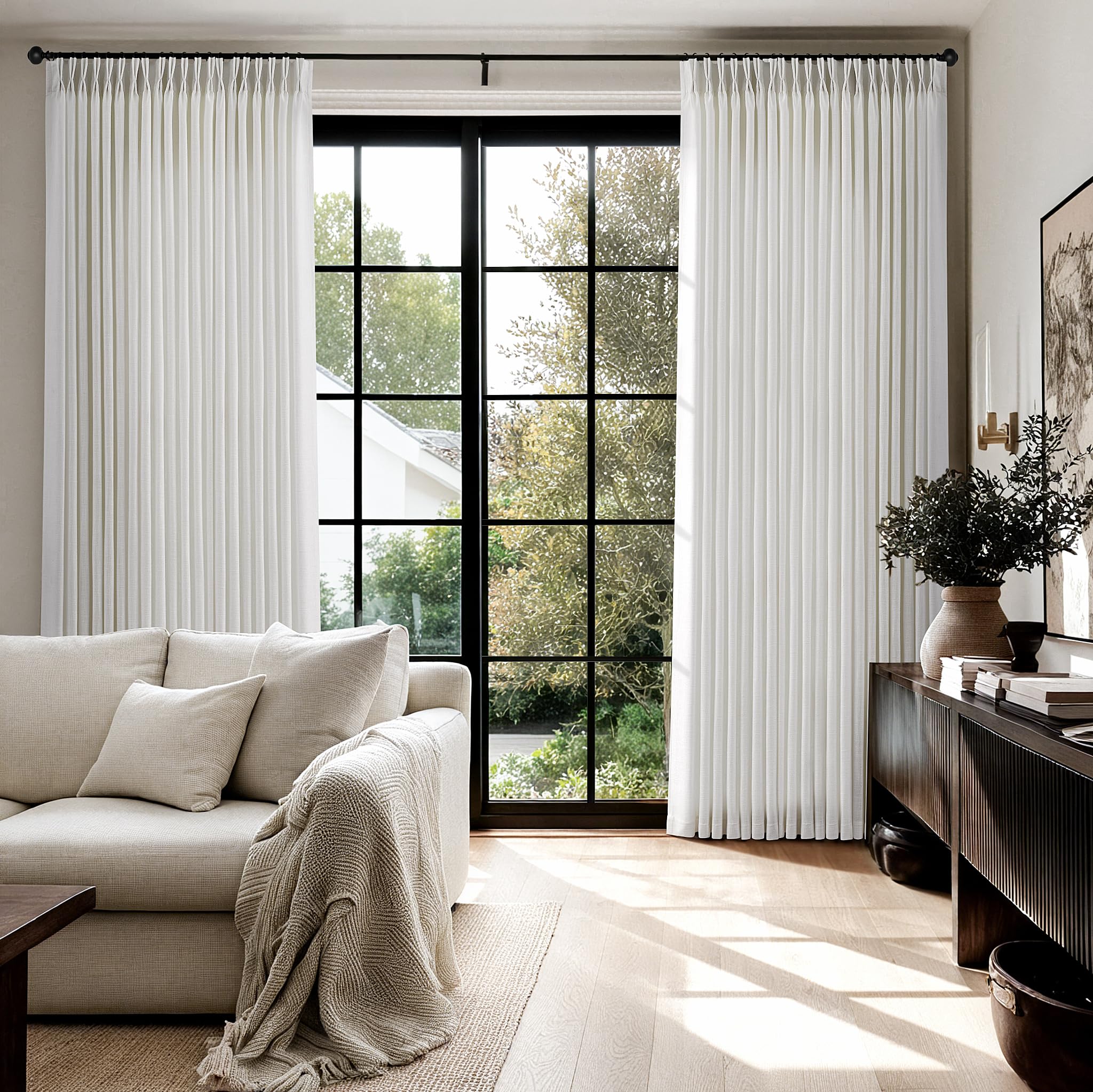 Photo 1 of 100 Inch Wide Pinch Pleated Linen Curtains 120 Inches Long for Living Room Sliding Glass Door Memory Shape Trained Pleated Drapes Beige White Cream Beige Light Filtering Curtains 100W x 120L