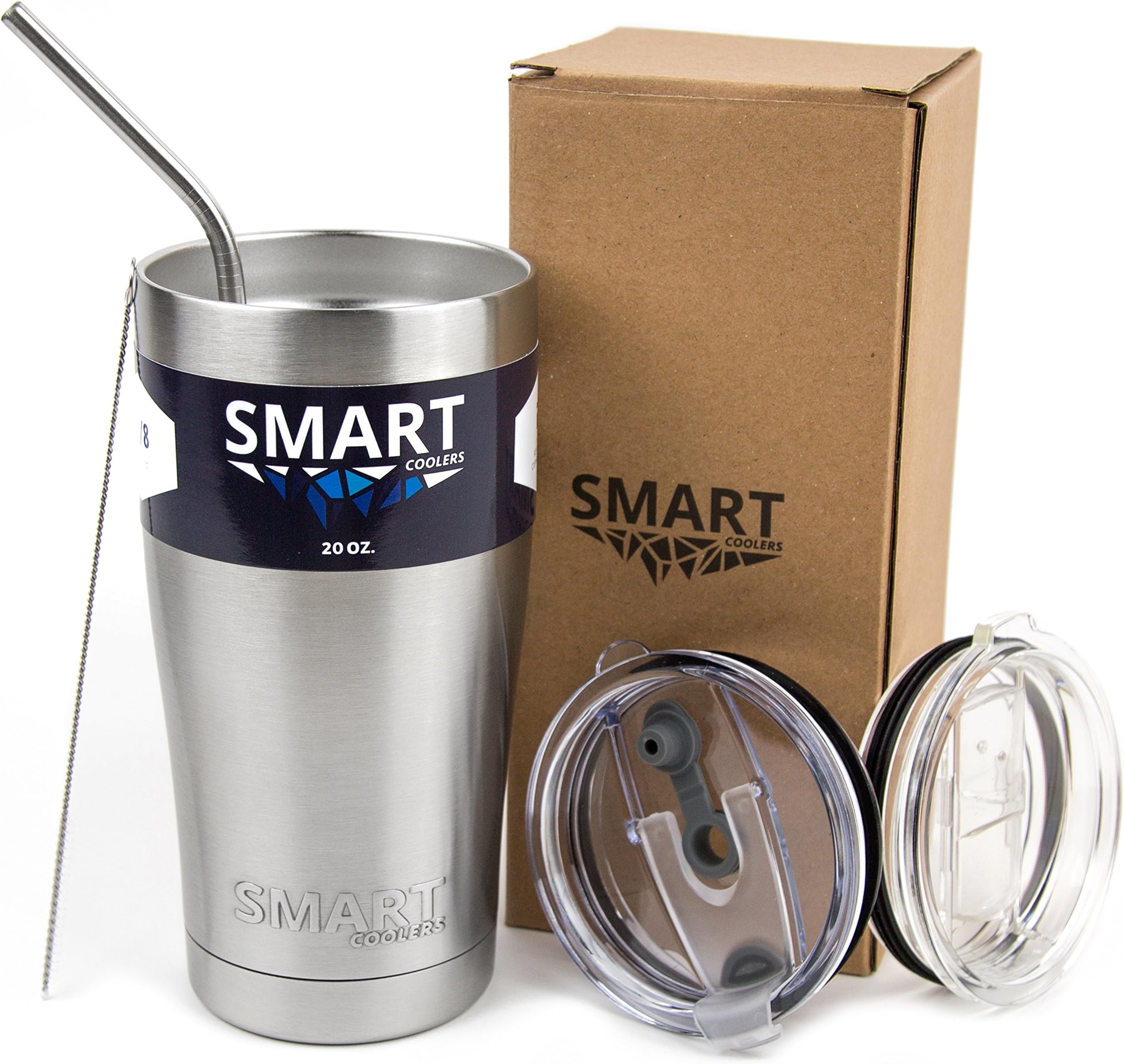 Smart Cooler 20 Oz. Sweat Free Ultra-Tough Double Wall Stainless Steel Tumbler Cup with Leak-proof Heavy Duty Tumbler Lids (Slide Lid & Flip Lid), Straw, & Cleaning Brush - Stainless Steel