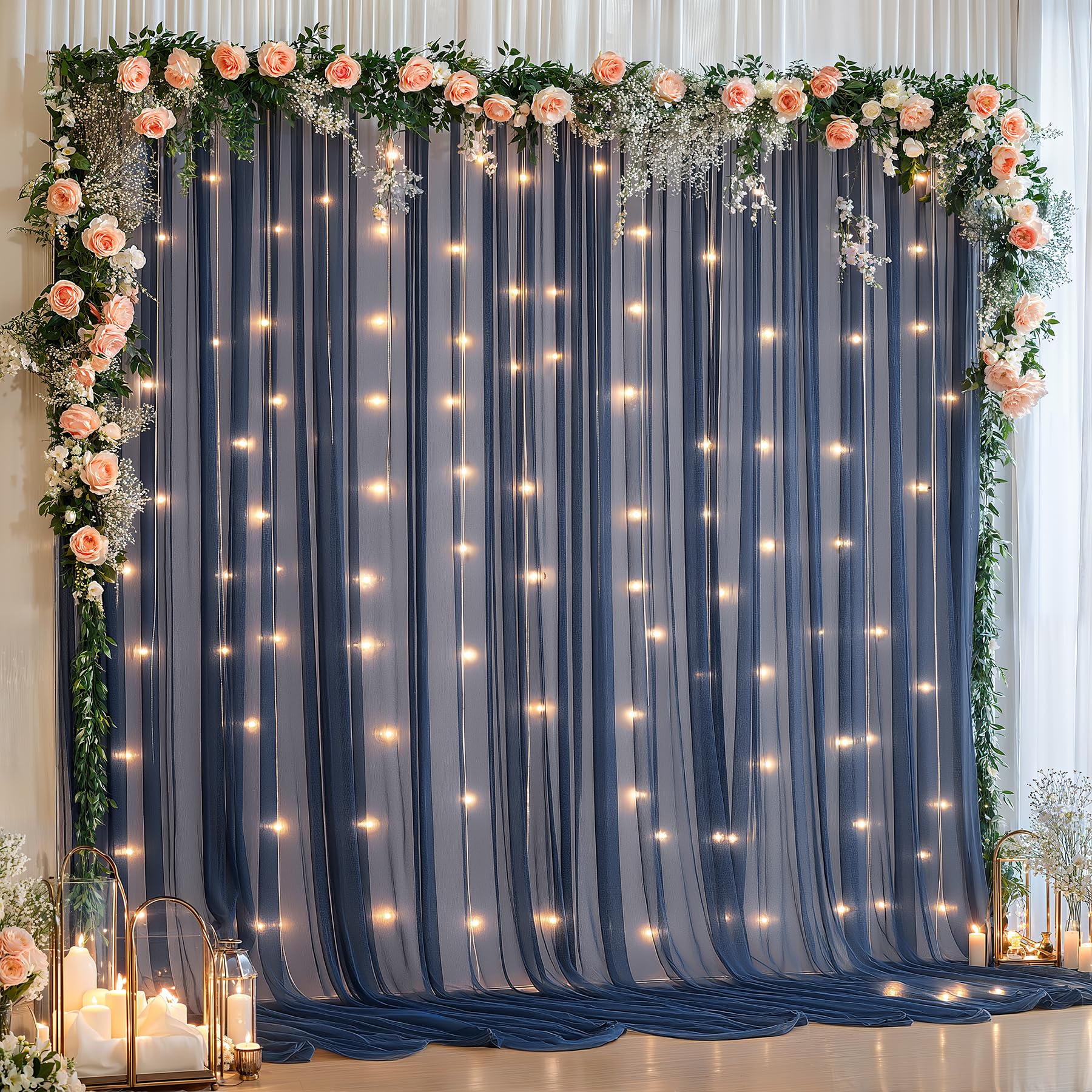 Photo 1 of 10x10ft Navy Blue Tulle Backdrop Curtain with Lights String for Parites, Sheer Backdrop Curtains for Wedding Baby Shower Birthday Party Photo Shoot Decorations