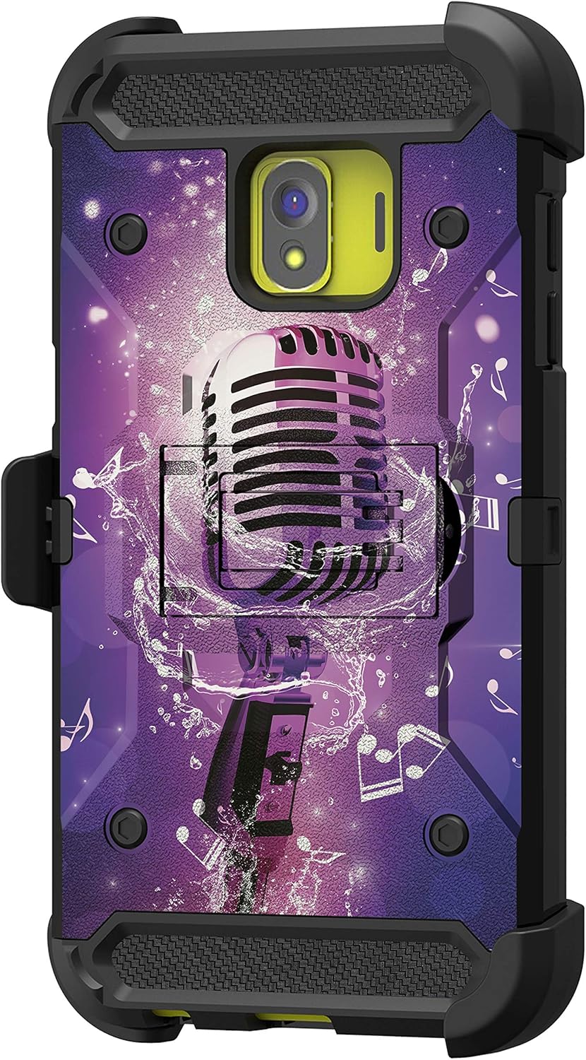 TurtleArmor | Compatible with Samsung Galaxy J2 Core Case | J2 Dash | J2 Pure [Armor Pro] Full Body Coverage Case Rugged Hybrid Armor Holster Belt Clip Music - Purple Microphone