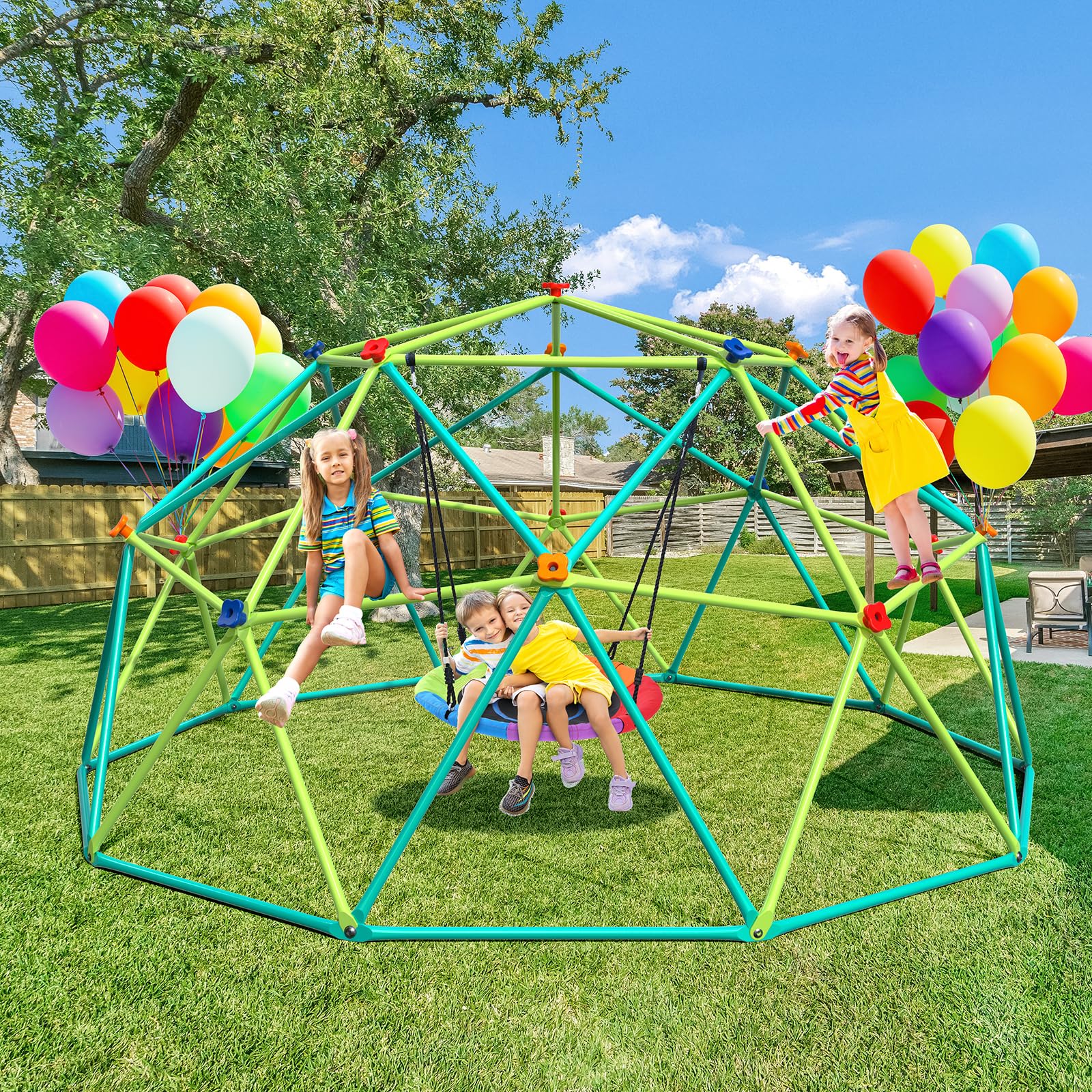 Hapfan 10 ft Climbing Dome Swing Set with Saucer Swing, Jungle Gym for Kids Outdoor Backyard, Supports 800lbs, Easy Asssembly, Rust-Resistant Outdoor Playset for Ages 3-8 8-12