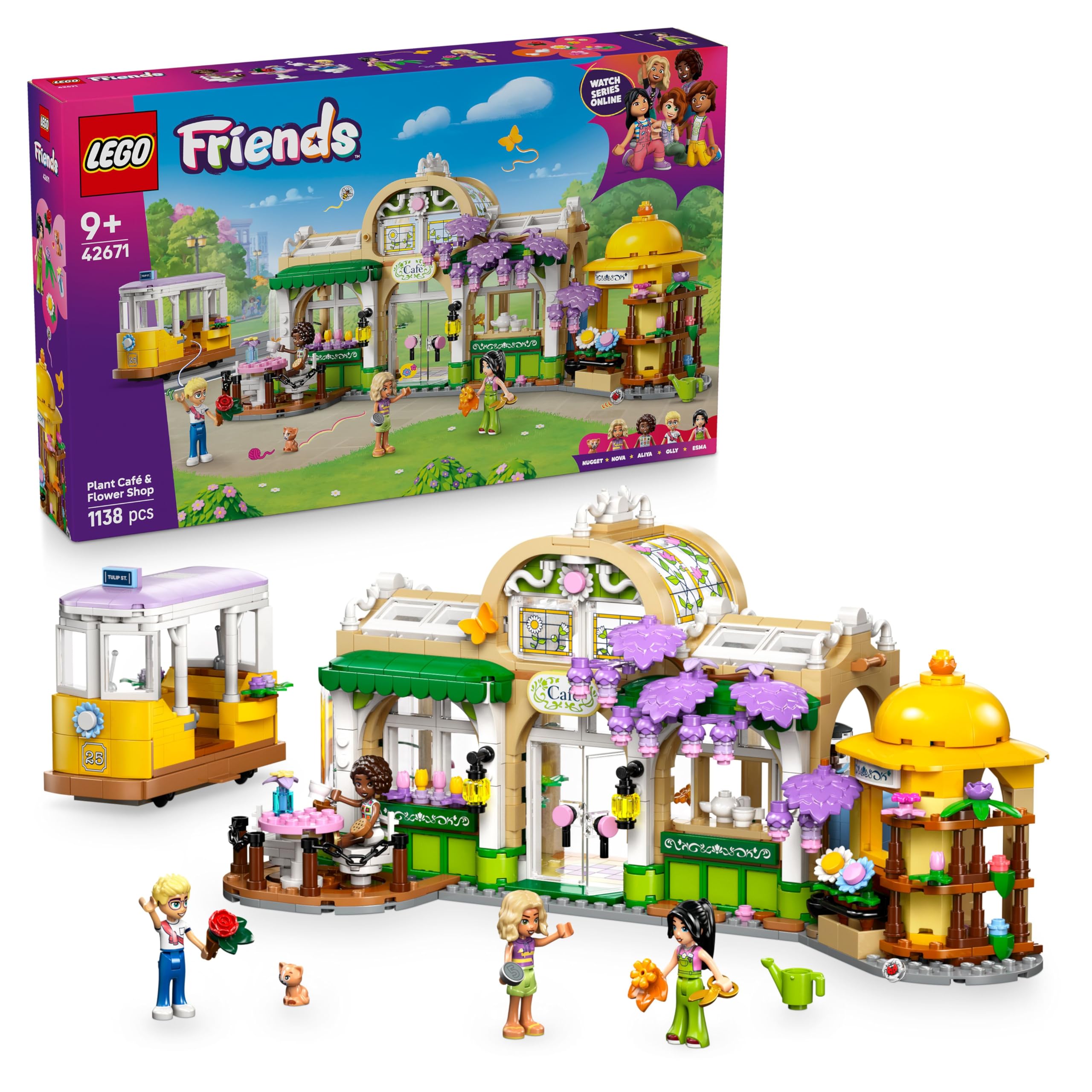 LEGO Friends Caffè delle Piante e Negozio di Fiori - Giocattolo con 4 Mini Bamboline, Gatto Domestico, Tram, Accessori da Cucina come Pasticcini, Tazze e Teiera - Regalo per Bambine da 9 Anni - 42671