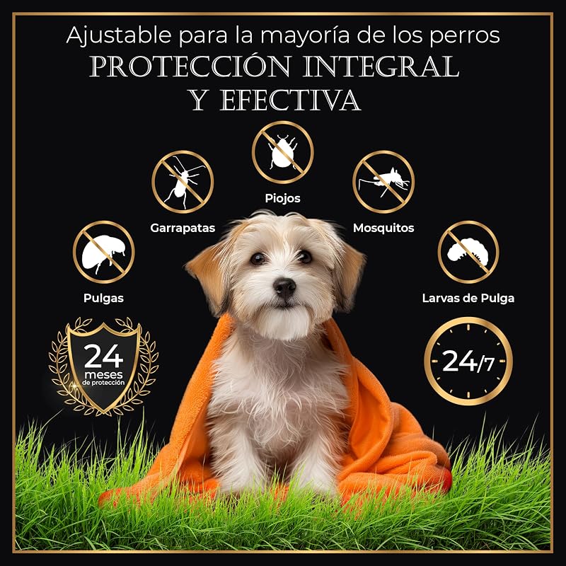Leve 4 coleiras antiparasitárias para cães, 24 meses de proteção contra pulgas, carraças e mosquitos - 100% naturais, impermeáveis, ajustáveis, para todos os tamanhos.