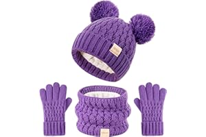 TONTULAND Kids Winter Hat Scarf Gloves Set Children's Warm Knit Fleece Lined Pompom Hat for Kids Ages 3-9, Perfect for Boys and Girls