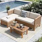 MFSTUDIO L Shaped Outdoor Couch Set, Wicker Patio Furniture Set, Rattan Outdoor Sectional Sofa with Acacia Wood Coffee Table,