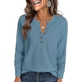 ANRABESS Women's Long Sleeve Waffle Knit Shirts Dressy Casual Loose Button Up V Neck Henley Tops 2026 Fall Basic Tee Blouse