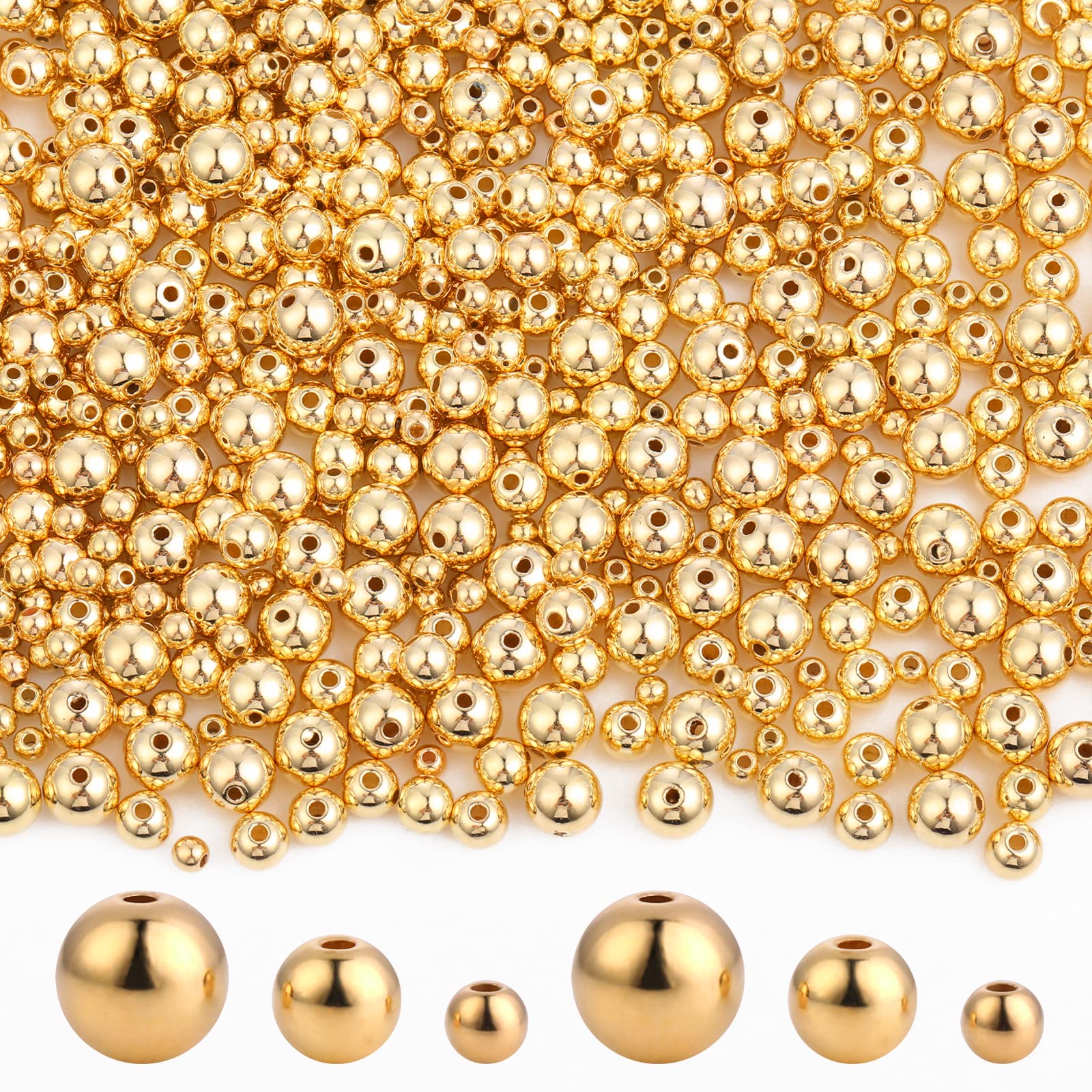 1200Pcs Gold Beads - 4/6/8mm Smooth Round Beads for Jewellery Making | Gold Plated Spacer Beads Kit | DIY Bracelet, Necklace, Earring Findings