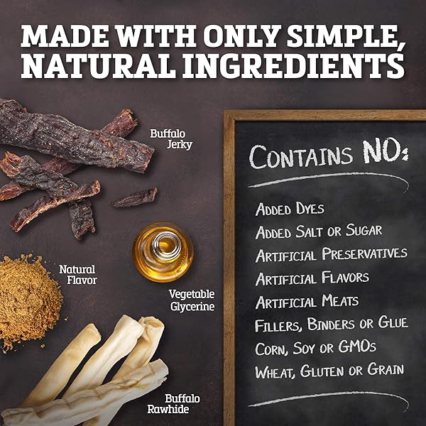 BUFFALO RANGE RAWHIDE DOG TREATS | HEALTHY, GRASS-FED BUFFALO JERKY RAW HIDE CHEWS | HICKORY SMOKED FLAVOR | JERKY BRAIDS, 10 COUNT
