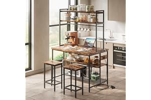 IRONCK Kitchen Island with Stools, Dining Table Set with Storage and Power Outlet, Industrial Coffee Bar Table for Kitchen Dining Living Room, 10 Hooks (Vintage Brown)