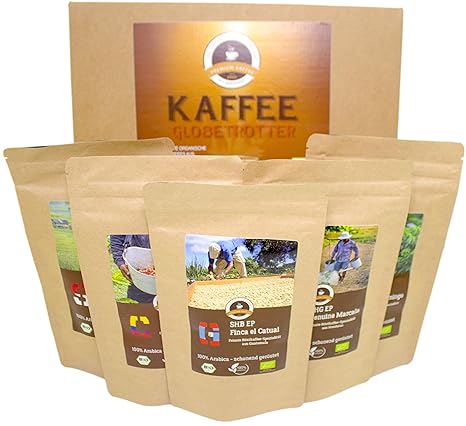 Kaffee Globetrotter - Bio-Box Ganze Bohne - für Kaffee-voll-automat, Kaffeemühle, Handmühle, Espressovollautomat - 5 Mal 100g