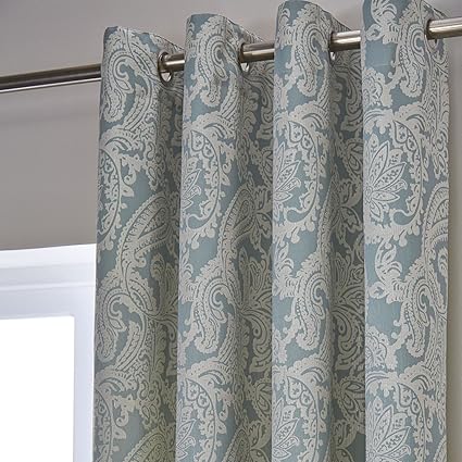 Just Contempo Damask Paisley Eyelet Lined Curtains Duck Egg Blue