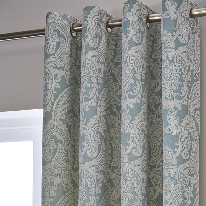 Just Contempo Damask Paisley Eyelet Lined Curtains, Duck Egg Blue, 66 x