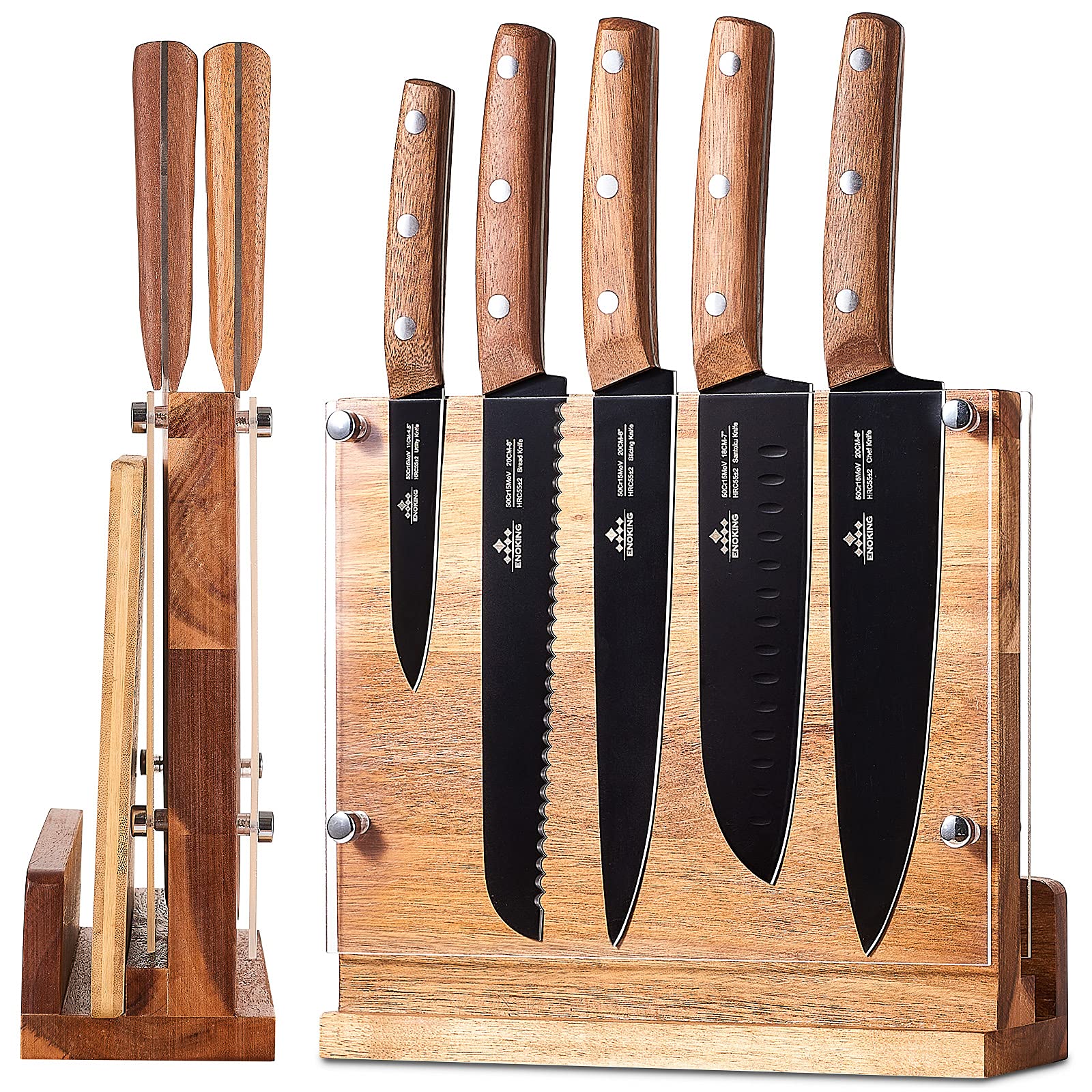 ENOKING Magnetic Knife Block, Natural Wooden Knife Block with Double Side Magnetic and Transperant Acrylic Protection Shield, Large Capacity and Safer（Without Knives）