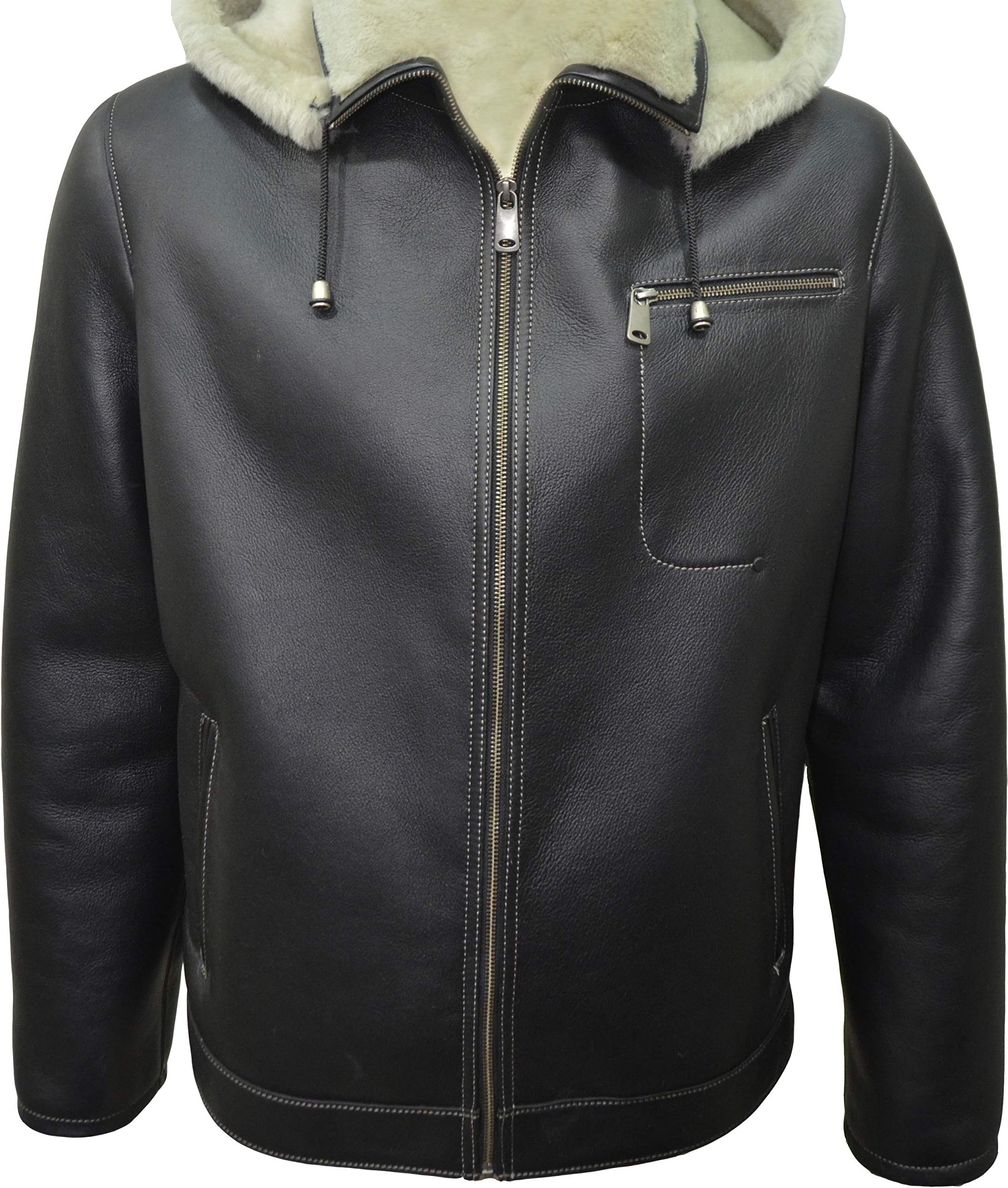 Zavelio Men's Aviator Bomber Hooded Winter Genuine Leather Shearling Sheepskin Jacket