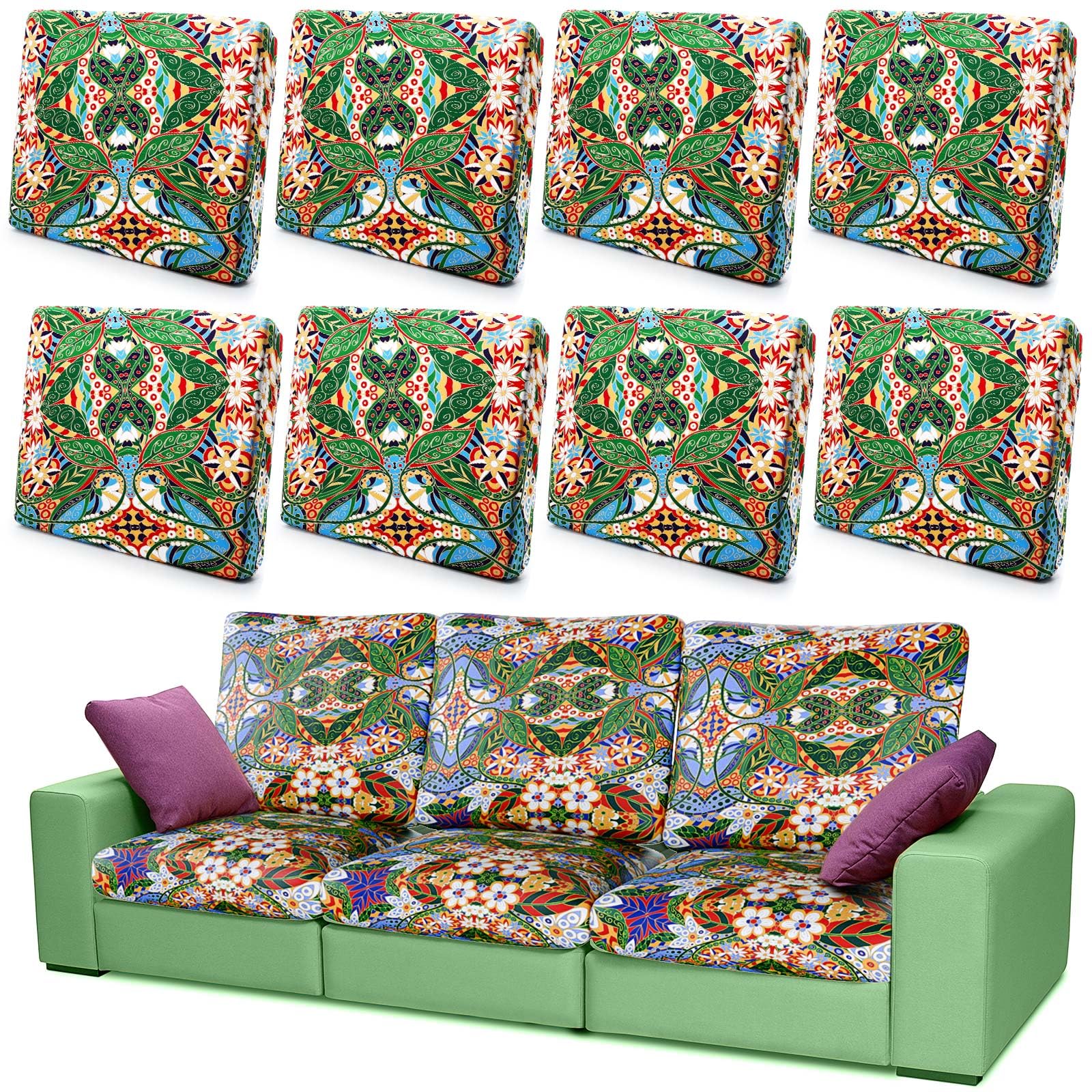 Photo 1 of Hahafelt 8 Pcs Printed Patio Sofa Cushion Covers Floral Non-Slip Chair Seat Cover Washable Stretch Couch Cushion Slipcovers Furniture Protector for Indoor and Outdoor