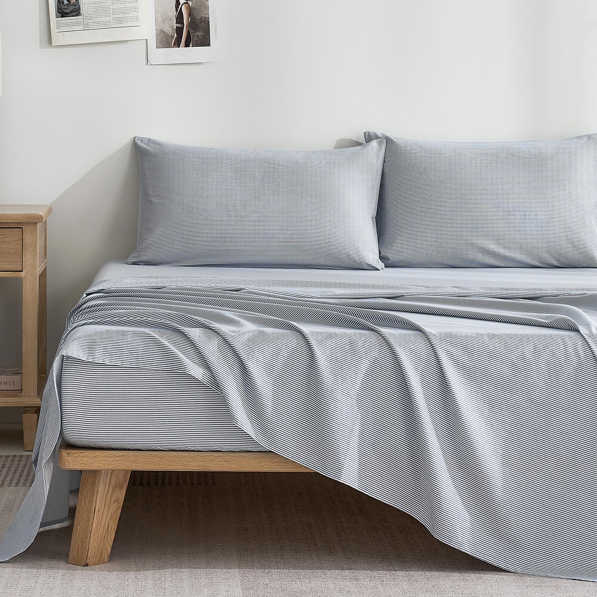 Photo 1 of JELLYMONI 100% Cotton Bed Sheets Set – Extra Fine Blue and White Stripes, QUEEN Size, Soft Bedding with Deep Pocket Fitted Sheet, Flat Sheet & Pillowcases