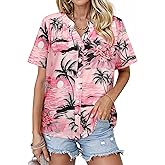 Womens Hawaiian Shirts V Neck Short Sleeve Button Floral Printed T-Shirt Summer Casual Pleated Trendy Blouses Tops