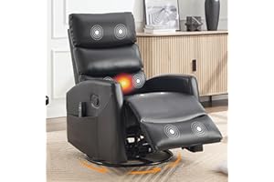 EZZUP Manual Swivel Rocker Recliner Chair for Adults, Overstuffed Reclining Glider Chair for Nursing with Vibration Massage & Heat, Living Room Rocking Recliner 3-Stage backrest, Faux Leather Black