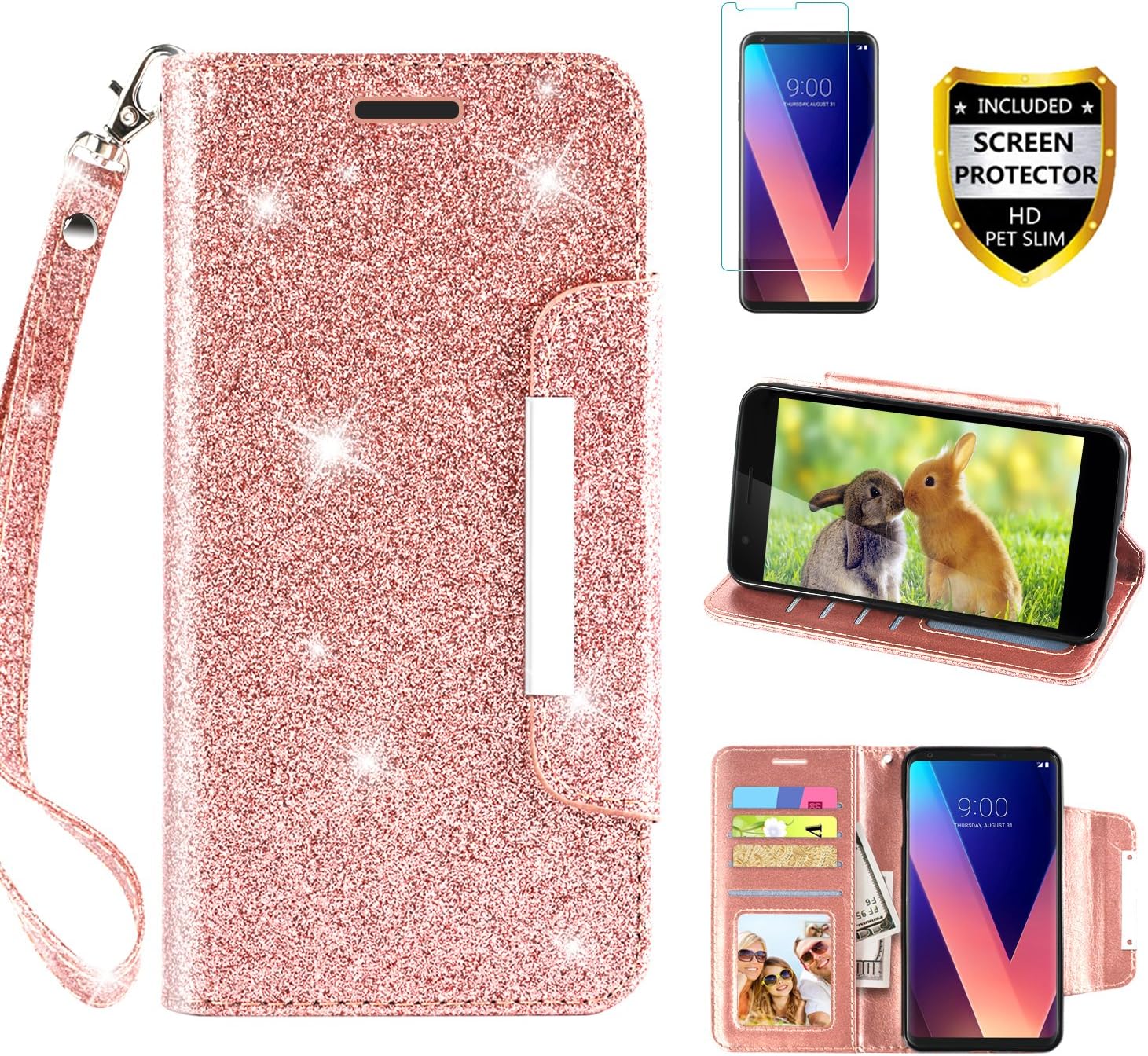LG K30 Case/LG K10 2018 /Phoenix Plus/Premier Pro LTE/Harmony 2 with Protector Screen, Phone Wallet Kickstand Credit Card Holder Slot for Girls/Women, Rose Gold