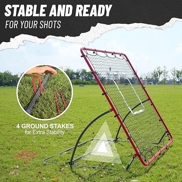 TELURY HEAVY DUTY BASEBALL REBOUNDER NET 4X4.5 FT PITCHBACK WITH 3 ADJUSTABLE ANGLES, BASEBALL AND SOFTBALL BOUNCE BACK NET FOR GROUND, LINE DRIVE, FLY BALL RETURN SETTINGS FIELDING TRAINER (RED)
