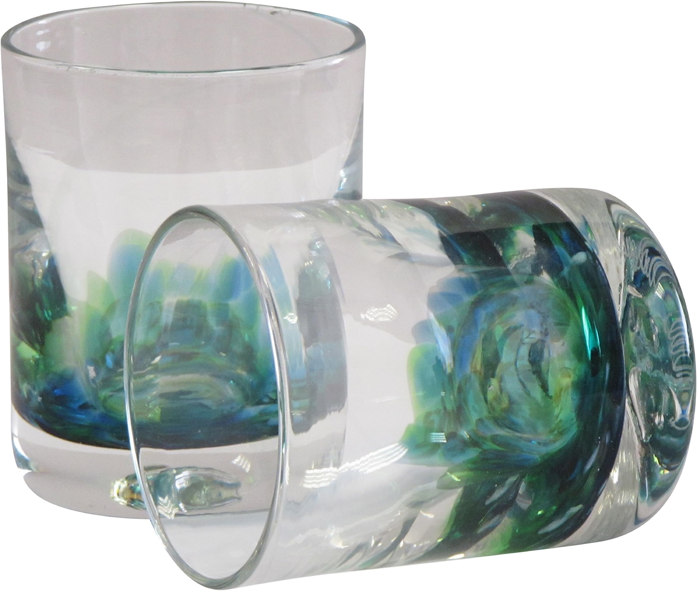 Irish Handmade Whiskey & Scotch Glasses by Jerpoint Glass Studios Ireland. Set of Two Hand-Blown Heavy Base Glass Tumblers (Green Seascape)