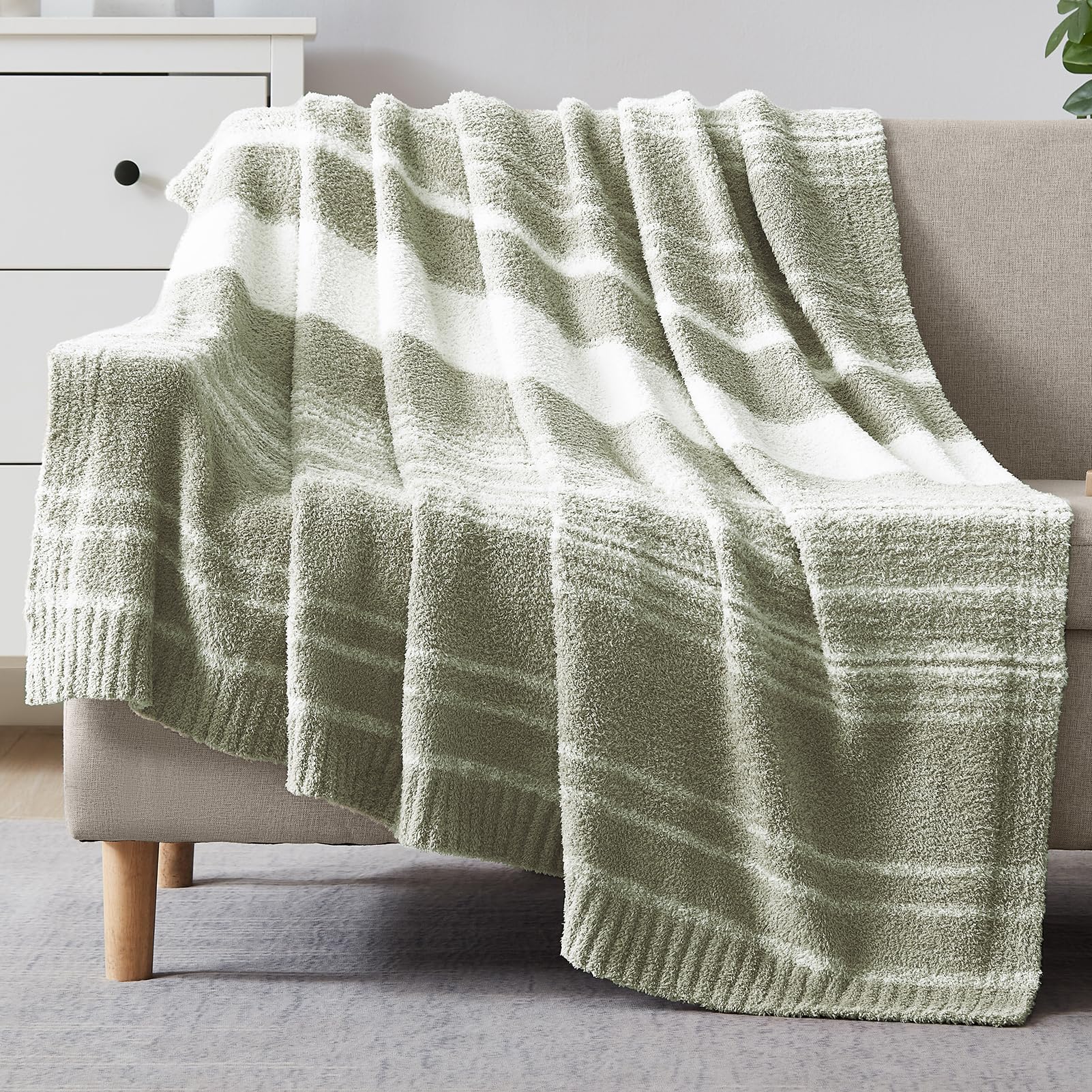 WRENGONGE Sage Green Throw Blanket, 60x80 Soft Cozy Striped Throw Blankets for Couch, Sofa, Bed, Travel, Lightweight Fluffy Warm Plush Decorative Blankets for Women, Men Gift Image