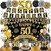 Eucutur 42PCS 50th Birthday Decoration Kit for Men Women, Black Gold Happy 50th Bday Banner Balloons Honeycomb Centerpiece Swirl Paper Pompoms Party Supplies, 50 Bday Sash Table Cake Topper Swirls Set