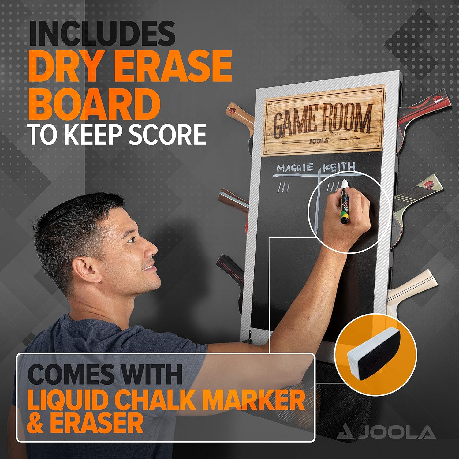 JOOLA Game Room Organizer and Dart Scoreboard Includes Ping Pong Paddle Holder for 6 Rackets, Table Tennis Ball Basket, Black Dry Erase Board with White Liquid Chalk Markers, & Hanging Hardware : Sports & Outdoors