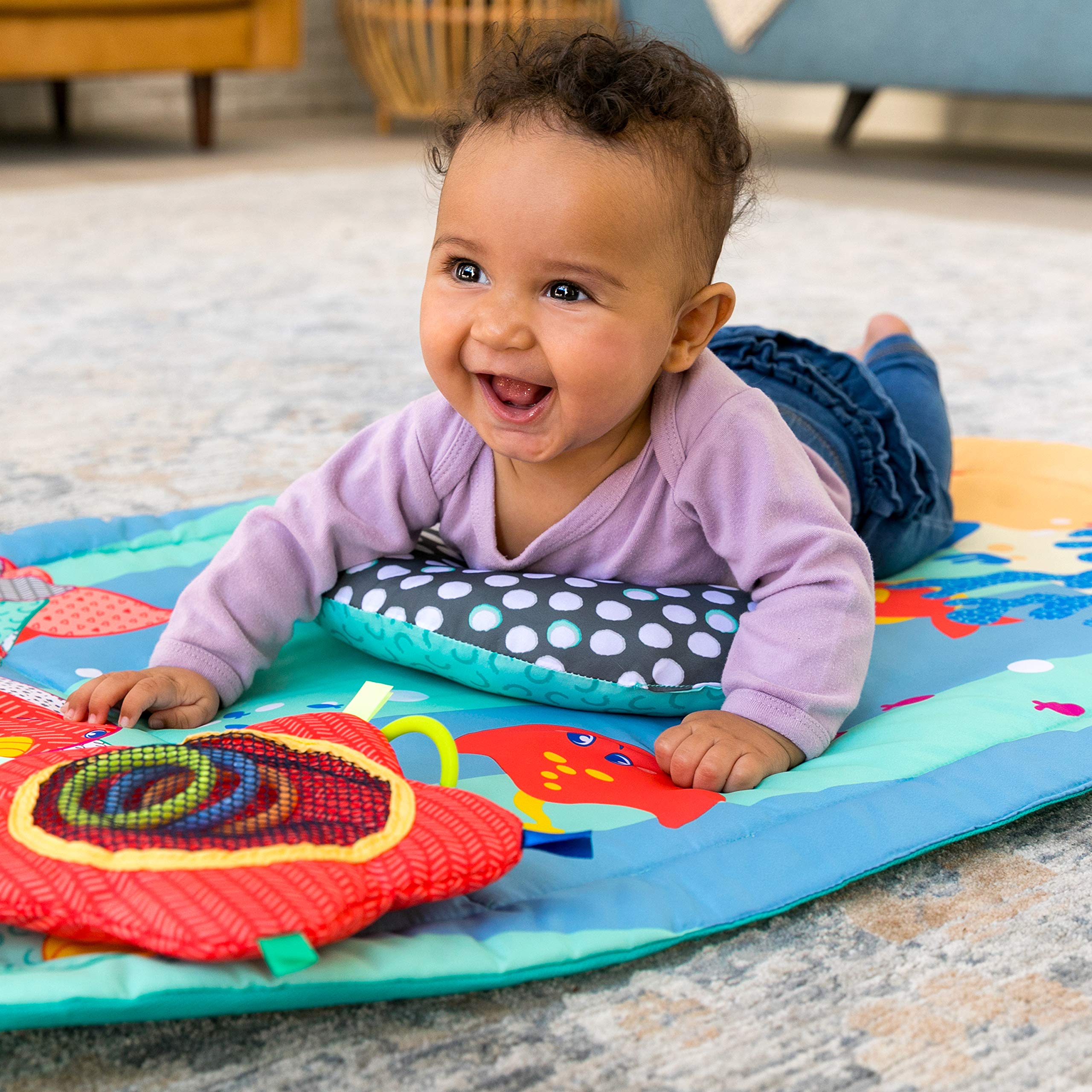 Infantino 3 Stage Above & Beyond Tummy Time Mat - 3 Play Modes for Gross Motor Development, 3 Removable Ocean Themed Toys, Tummy-Time Bolster, Giant 38