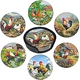 Rooster Coasters Leather Round Drink Coasters 6 Pcs Set with Holderor for Cup Drink Coffee Table Bar Home Decor