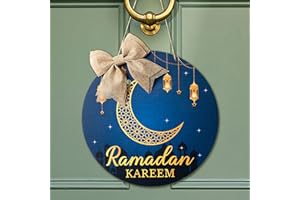 L1rabe Ramadan Kareem Hanging Ornament - Eid Mubarak Wreath Wooden Hanging Door Sign Decorations Islam Moon Blue Gold Welcome Door Wall Decor Eid Mubarak Party Supplies (Cotton Linen Bow Included)