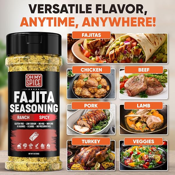 FAJITA SEASONING MIX SPICY RANCH SEASONING POWDER – GLUTEN FREE & LOW SODIUM MEXICAN SEASONINGS BLEND FOR MEAT, VEGETABLES, STEAK & CHICKEN FAJITA. HOT RANCH FAJITAS SEASONINGS SPICES. TACO MIX. 5OZ