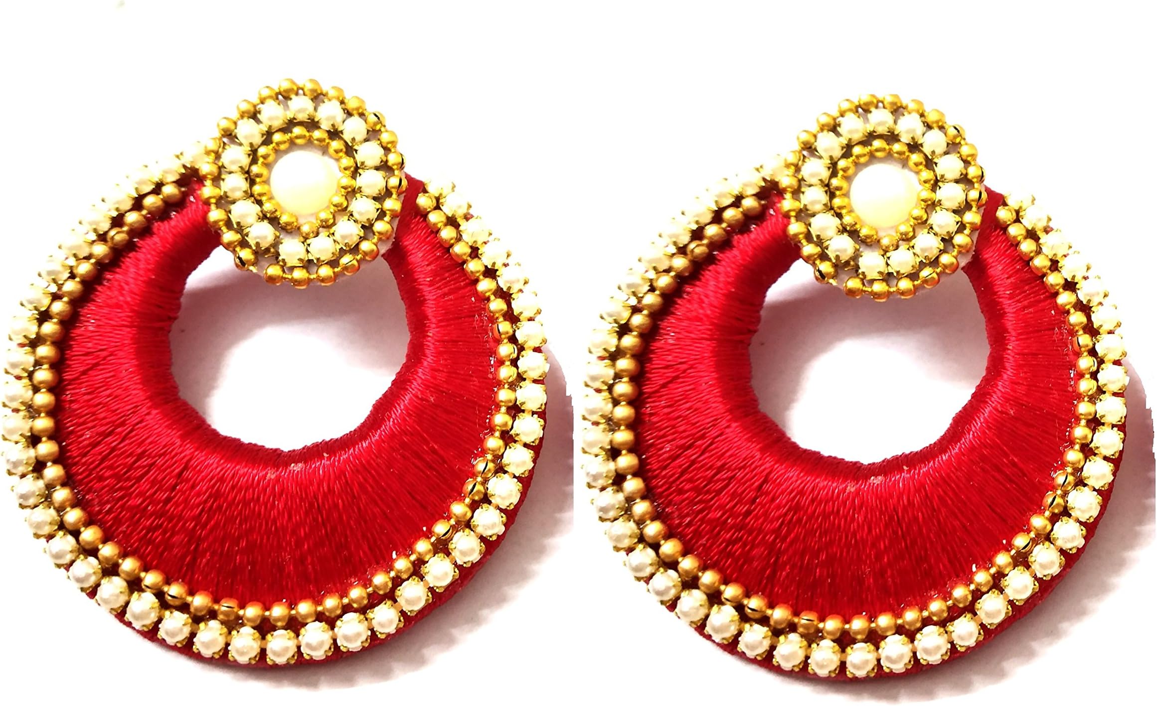 Silk Thread Moon Red Earrings Studded with Rhinestones Beautiful Earrings