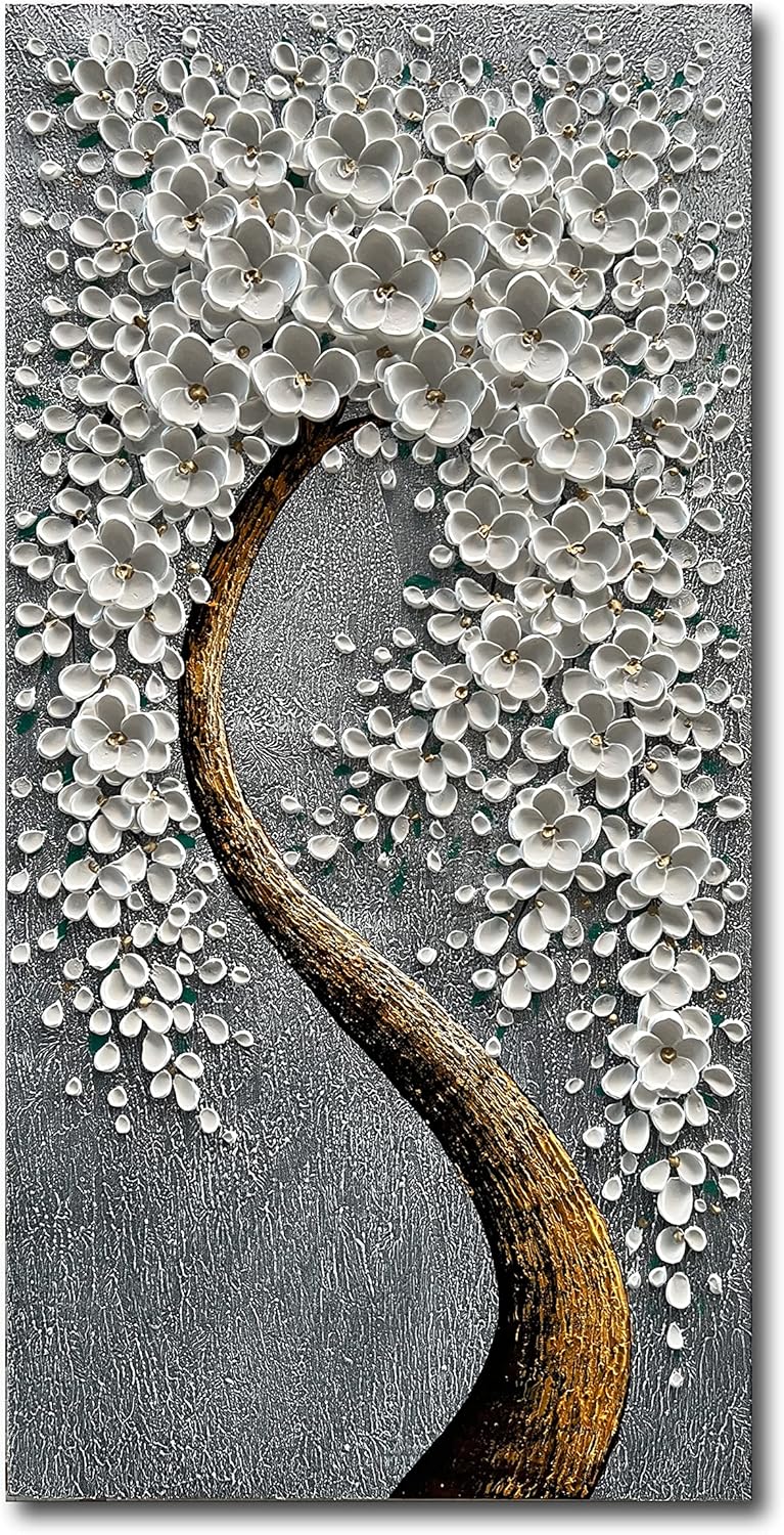 Paintings - Epicler art 100% Hand-painted 3D White Vertical Abstract flower Tree Painting, Canvas Texture mural, Living Room, Bedroom, Dining Room Mural 24x48 inchs