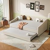 FAVSH Full Size Upholstered Daybed with Trundle | Twin Size Trundle,Button-Tufted Back, Piping on Waved-Shape Arms, Solid Wood for Boys &amp; Girls, Easy Assembly for Bedroom